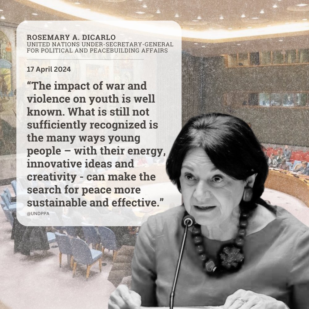 Briefing the Security Council, <a href="/DicarloRosemary/">Rosemary A. DiCarlo</a> stressed the disproportionate impact of conflict on #youth and the key role young people can play in sustainable peacebuilding, including climate action.

Her full remarks: dppa.un.org/en/mtg-sc-9606…