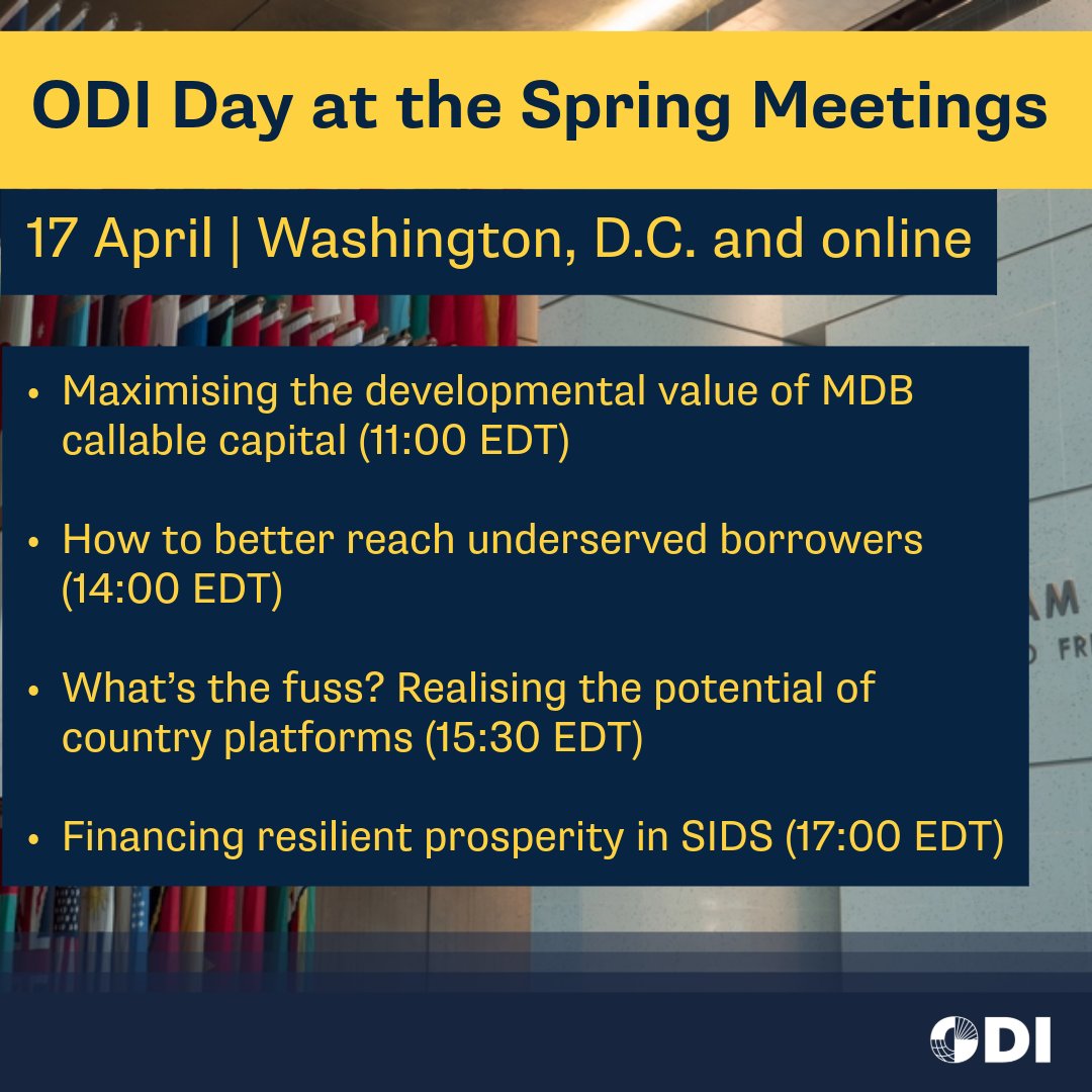 What a bumper day @ODI_Global have in store here in Washington, D.C. where the #SpringMeetings continue! Looking forward to thinking ahead on urgent development finance challenges with a brilliant line-up of speakers. All events will be livestreamed: buff.ly/3TWtM9U