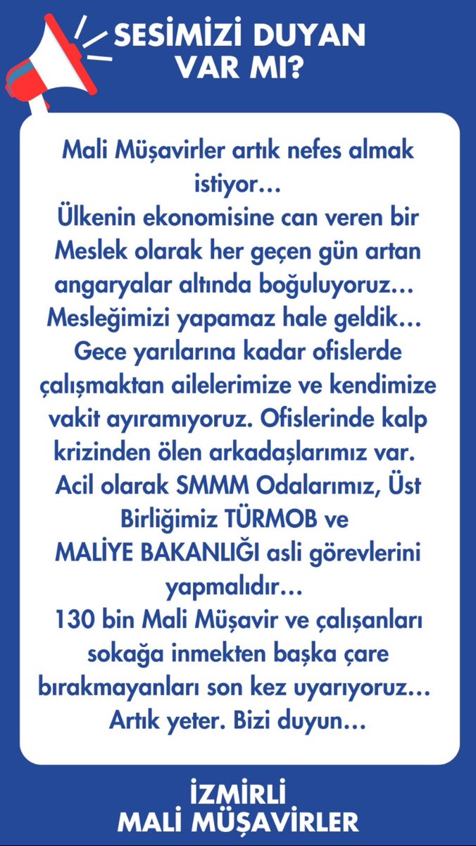 İzmir mali müşavirler odasına teşekkür ederiz, sesimiz oldunuz 👌🙏Aynı duyarlılığı rica ediyoruz 🙏 <a href="/turmob/">TÜRMOB</a> <a href="/HMBakanligi/">T.C. Hazine ve Maliye Bakanlığı</a> <a href="/memetsimsek/">Mehmet Simsek</a>
