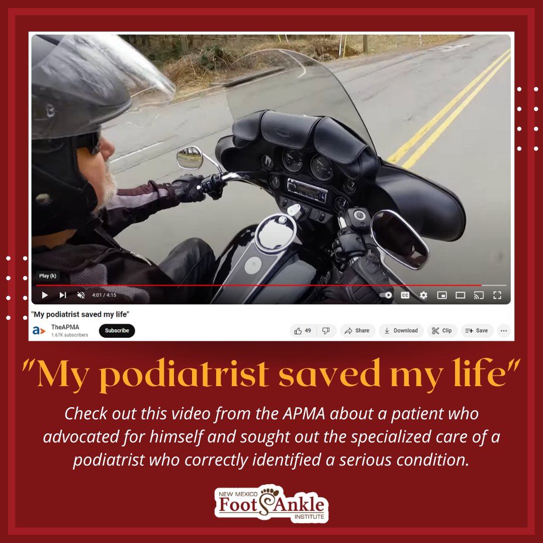 Watch the video:
youtube.com/watch?v=lTH_Cs…

Schedule with us today:
nmfootandankle.com/contact

#video #youtube #APMA #PodiatrySavesLives #motorcycle #photo #follow #footandankle #bestpodiatrists #podiatrist  #NewMexicopodiatrist #Albuquerquepodiatrist #NewMexicoFootAndAnkleInstitute