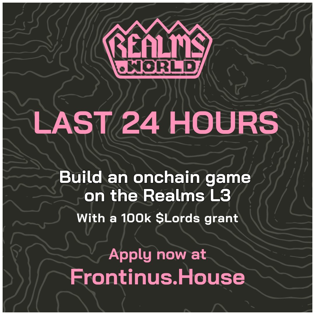 Last call for proposals! Create an onchain game for the Realms L3 5 projects will receive grants of 100,000 $Lords + support from the DAO You have 24 HOURS to submit your proposal. Link in reply.