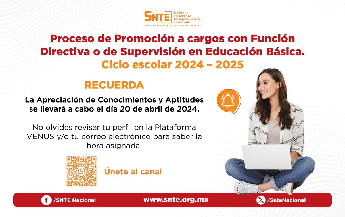 Recuerda‼️

Si participas en el Proceso de Promoción a cargo con Funciones Directivas o de Supervisión en Educación Básica.
El #20deAbril de 2024 será la Apreciación de Conocimientos y Aptitudes 📝
La hora la puedes consultar en la Plataforma Venus o revisa tu correo 🕜📥