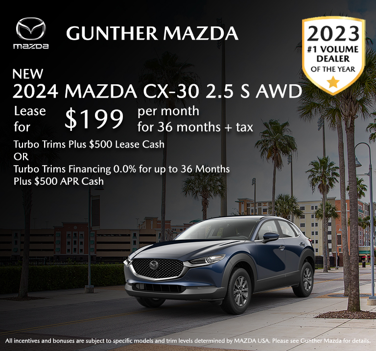 Experience luxury in motion with the all-new 2024 Mazda CX-30 at Gunther Mazda! Secure your lease at just $199/month for 36 months and elevate your driving game to the next level. 
#Mazdacx30 #Mazda #GuntherMazda gunthermazda.com/mazda-cx-30-le…