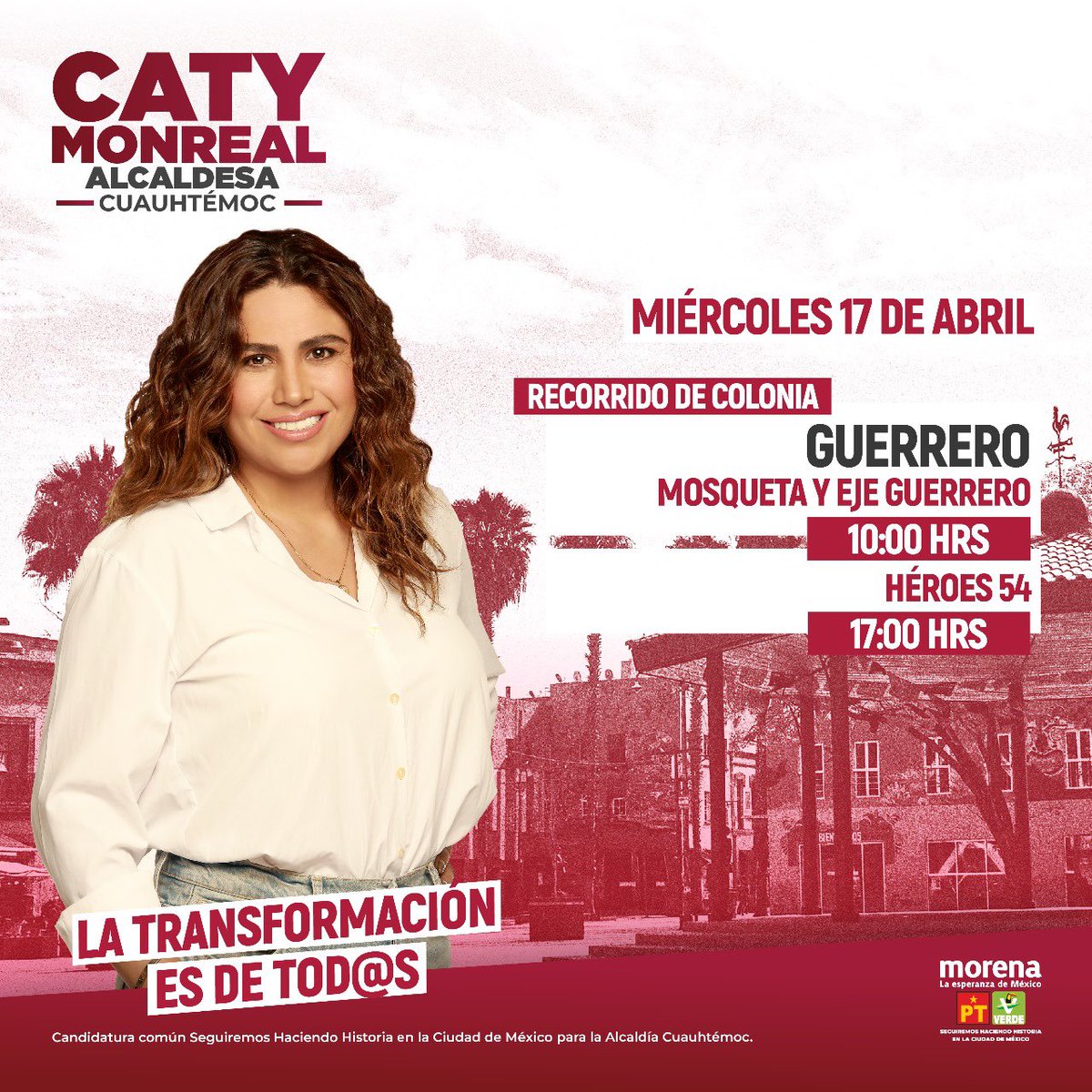 Este miércoles estaremos recorriendo la colonia Guerrero. Vecinas y vecinos ¡ahí nos vemos! 🫶🏻

#TransformemosCuauhtémoc