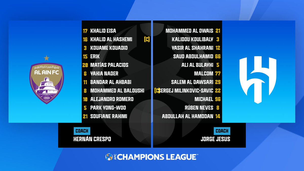 📋 LINE-UPS | 🇦🇪 Al Ain 🆚 Al Al Hilal 🇸🇦 Soufiane Rahimi leads the line in the absence of Laba, meanwhile Abdullah Al Hamdan leads in the absence of Mitrovic. How will this affect both sides? 👀 Watch Live 📺- gtly.to/JcAMvr84J #ACL | #AINvHIL