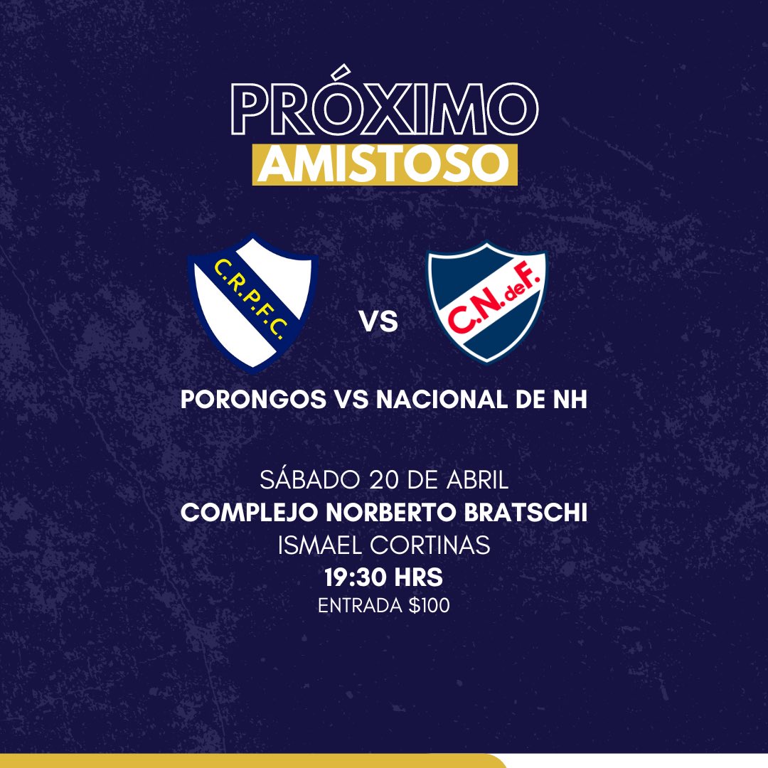 𝙋𝙧ó𝙭𝙞𝙢𝙤 𝙖𝙢𝙞𝙨𝙩𝙤𝙨𝙤🔛 🆚 @NacionalNH1910 🕒 19:30 hrs 🗓 Sábado 20 de Abril. 🏟 Complejo Norberto Bratschi (Ismael Cortinas) ¡vamos decano!🟡⚪️🔵