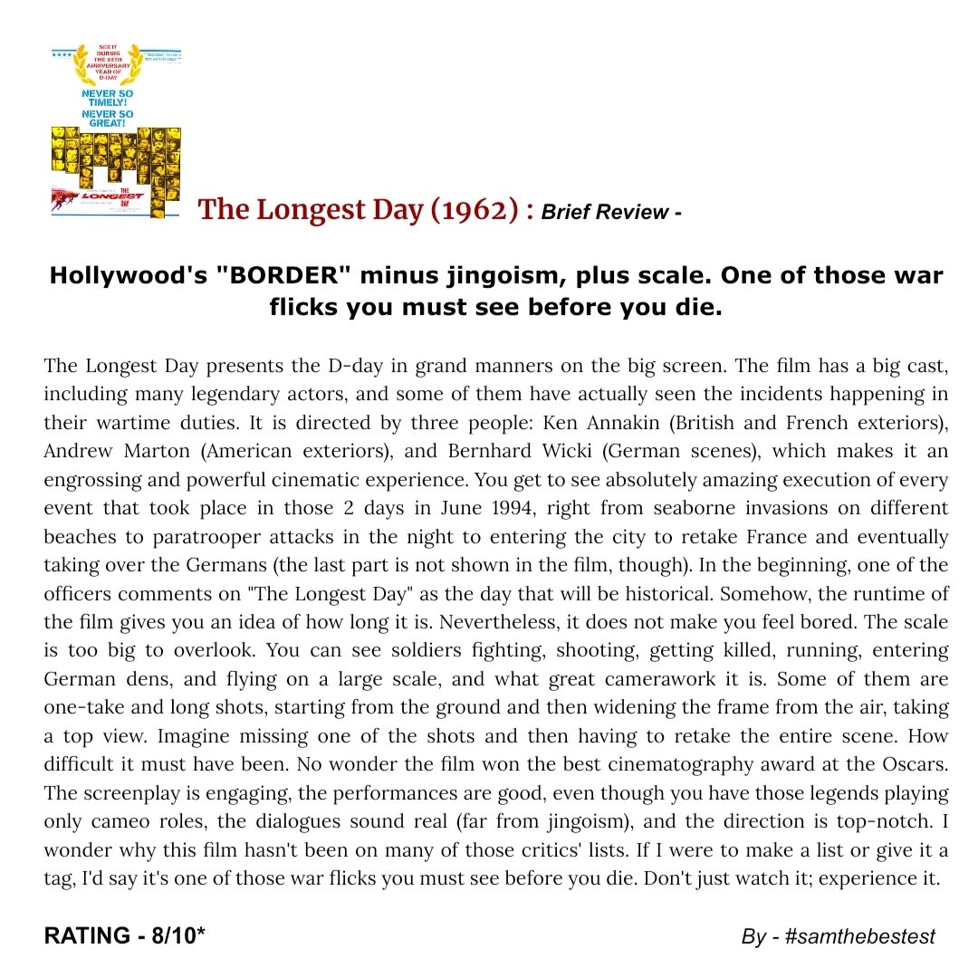 Watched #TheLongestDay (1962) :

Hollywood's 'BORDER' — minus jingoism, plus scale. One of those war flicks you must see before you die.

RATING - 8/10*

#KenAnnakin #AndrewMarton #BernhardWicki #JohnWayne #HenryFonda #RobertMitchum #SeanConnery #EddieAlbert #CurdJürgens