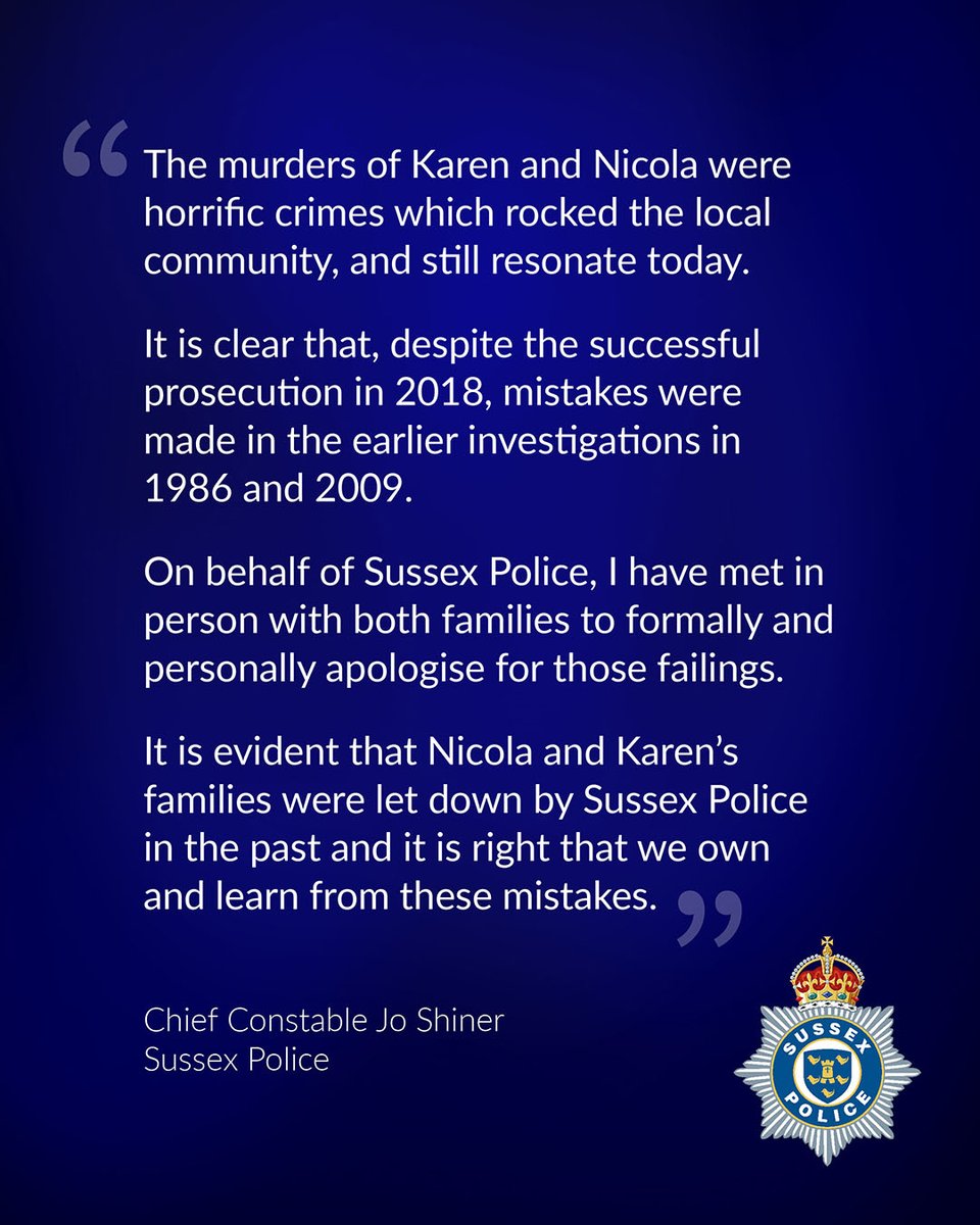 The families of two children, Karen Hadaway and Nicola Fellows, who were brutally murdered in Brighton in 1986, have received a formal apology from Sussex Police after an independent review found failings in earlier investigations. Our apology in full ➡️ spkl.io/60114FLDH