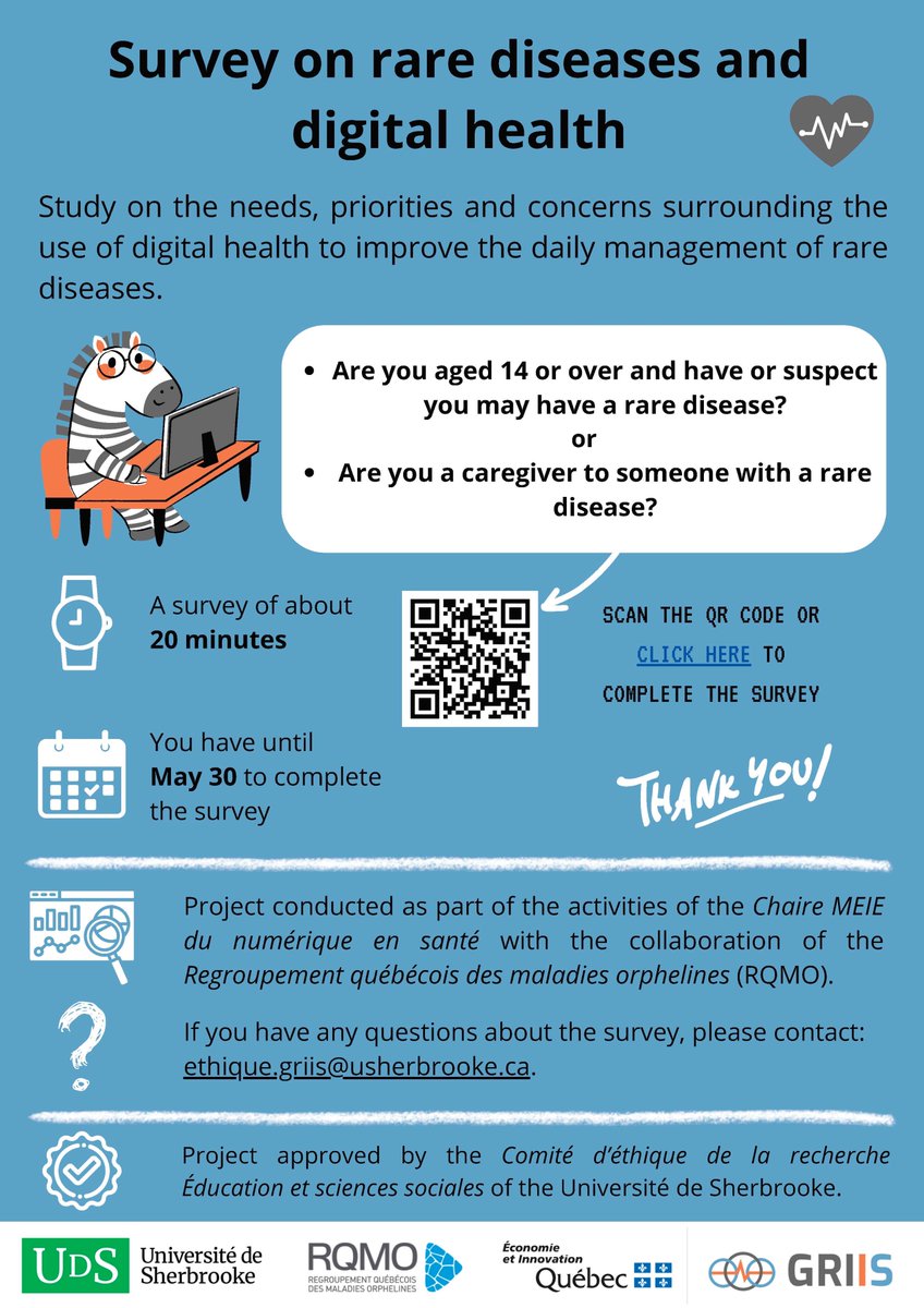 Regroupement québécois des maladies orphelines invites you to participate in a study on the needs, priorities, and concerns surrounding the use of digital health to improve the day-to-day management of rare diseases. Link to survey: udes.limesurvey.net/353668?lang=en