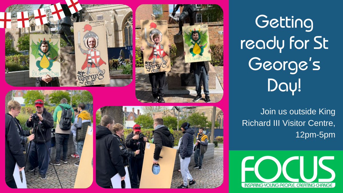 Did you see our young people’s #StGeorgesDay fun day promo video?! Our FOCUS TV group made that during their last session. Be sure to join us outside the King Richard III Visitor Centre, 12-5pm, for tons of family fun! @HeritageFundUK @Leicesterfest #FocusCharity #HeritageFund