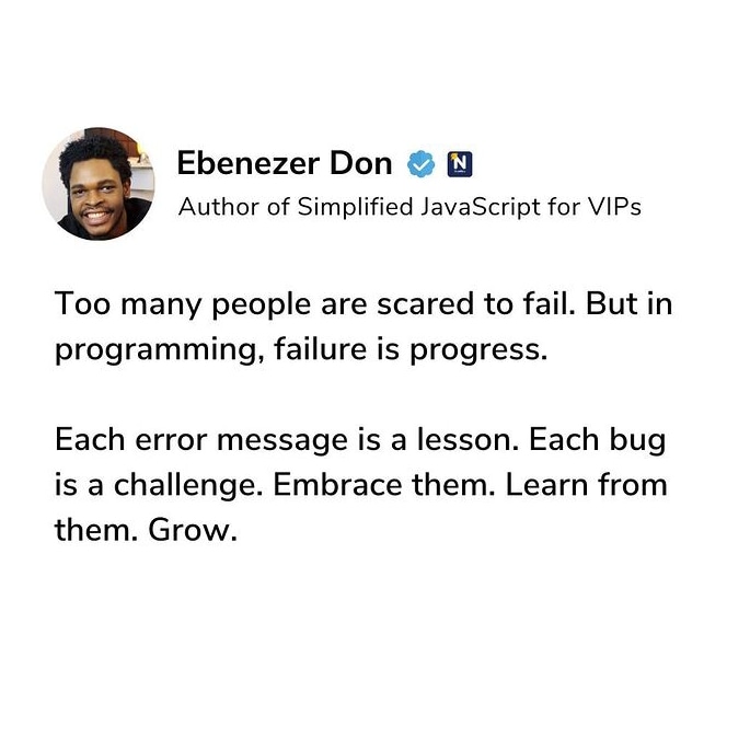 Defcvalentino's tweet image. I've learnt to face and embrace each bug I encounter while coding as a medium to learn and grow , it might've take hours or days but will definitely figure it out.
#coderstip #progress #githubcommunity #stackoverflow #developersinsight