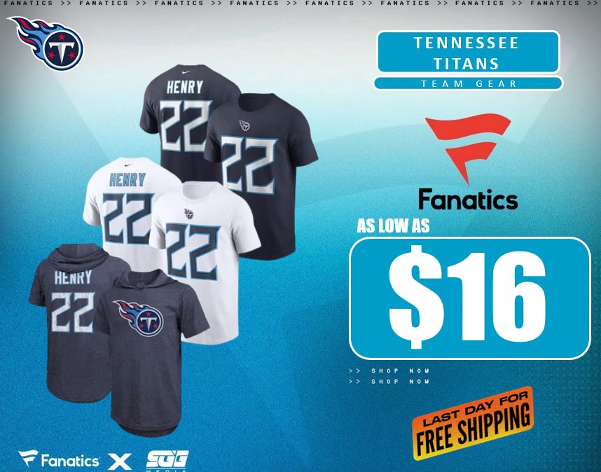 DERRICK HENRY TITANS SALE, @Fanatics 🏆 TITANS FANS‼️ Take advantage of Fanatics exclusive offer and get Derrick Henry Tennessee Titans gear for AS LOW AS $16 with FREE SHIPPING using THIS PROMO LINK: fanatics.93n6tx.net/TENSALE 📈 HURRY! SUPPLIES GOING FAST!🤝