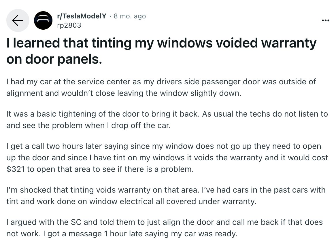 Don't tint you windows either or ... you guessed it: warranty voided 👀 reddit.com/r/TeslaModelY/…