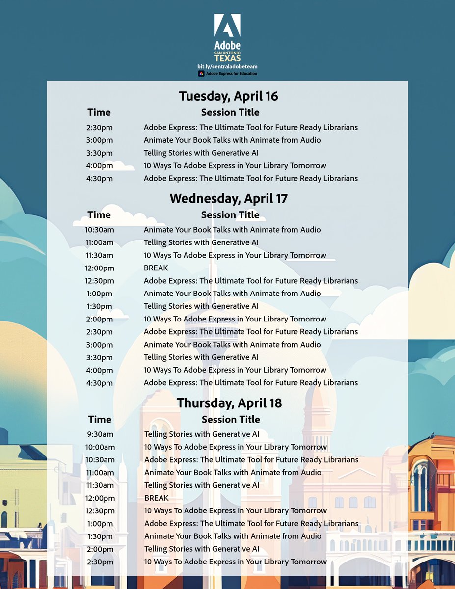 📣 Hey TLA Friends!! 📣 Stop by the Adobe Edu booth 1529 for @AdobeExpress demos throughout the day Check out our schedule Hope to see you soon✌🏾 #AdobeEduCreative #AdobeExpress #TLA2024 #txla24 @AdobeForEdu @TxASL @TXLA