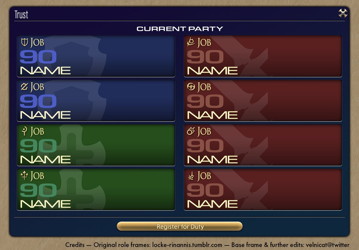 Velnicat's tweet photo. « Trust Party Template »

Ever wanted to make a Trust party graphic for your own? Get these editable PSDs with multiple options for different party compositions. Add your character headshots for the finishing touch and voila! You've got your very own Trusts.

Includes BLU!

🔗⬇️ https://t.co/5U35zP22Si