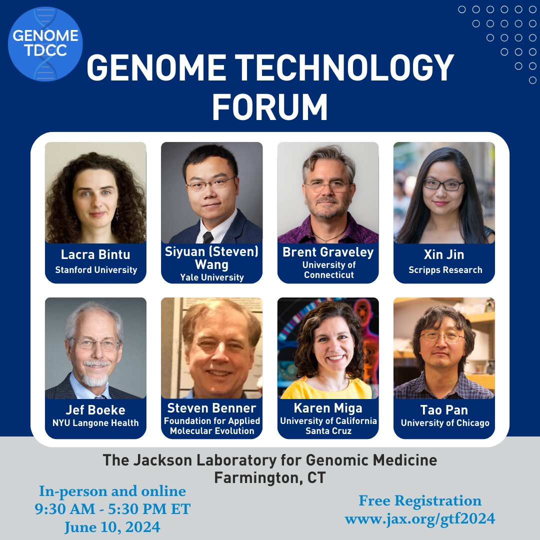 Join us for the Genome Technology Forum! ⬇️FREE Registration (hybrid event) jax.org/gtf2024 Fantastic lineup of speakers, interactive workshops with @epicypher and @AlidaBiosciences, and more! Mark your calendars🗓️June 10 In partnership with @genome_gov and @jacksonlab