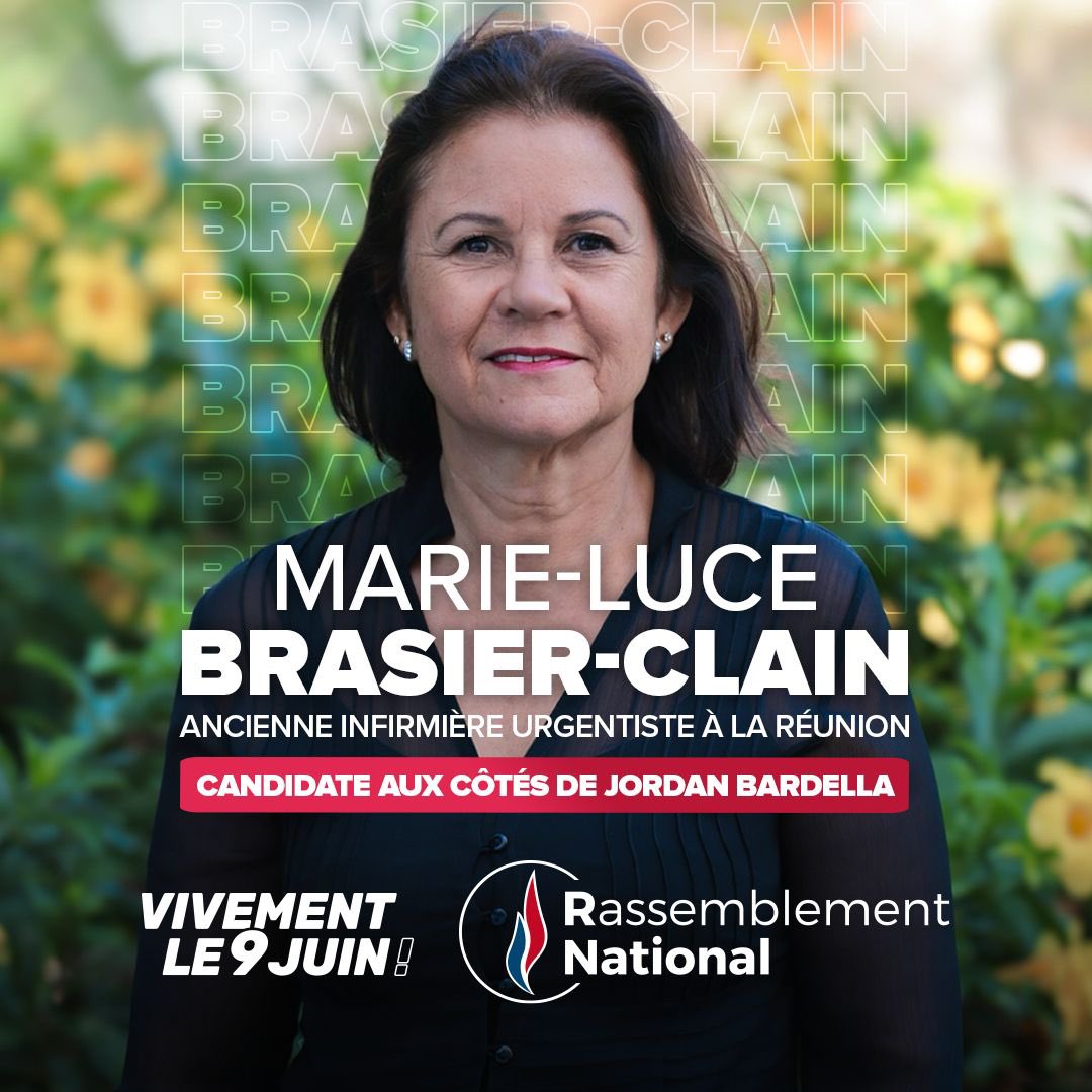 🔴 La voix des ultramarins doit compter en Europe ! Aux côtés de @J_Bardella, @BrasierRN, ancienne infirmière urgentiste à La Réunion, défendra nos compatriotes d'Outre-Mer au Parlement européen. #VivementLe9Juin
