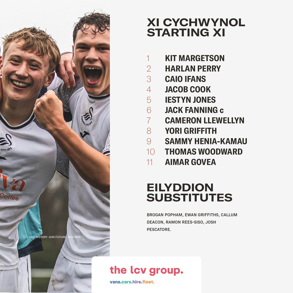 ⚠️ 𝗦𝗧𝗔𝗥𝗧𝗜𝗡𝗚 𝗫𝗜 ⚠️ Your #SwansU18s side to face @MillwallAcademy in this evening's PDL Cup final 🏆 Brought to you in partnership with @the_lcvgroup.