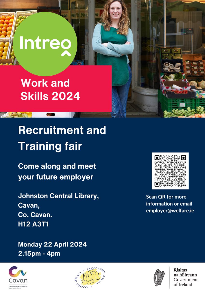 Intreo Work and Skills 2024 Recruitment and Training Fair takes place next Monday, April 22nd from 2.15 - 4pm in Johnston Central Library. Come along and meet your future employer! #Cavan #LibrariesIreland