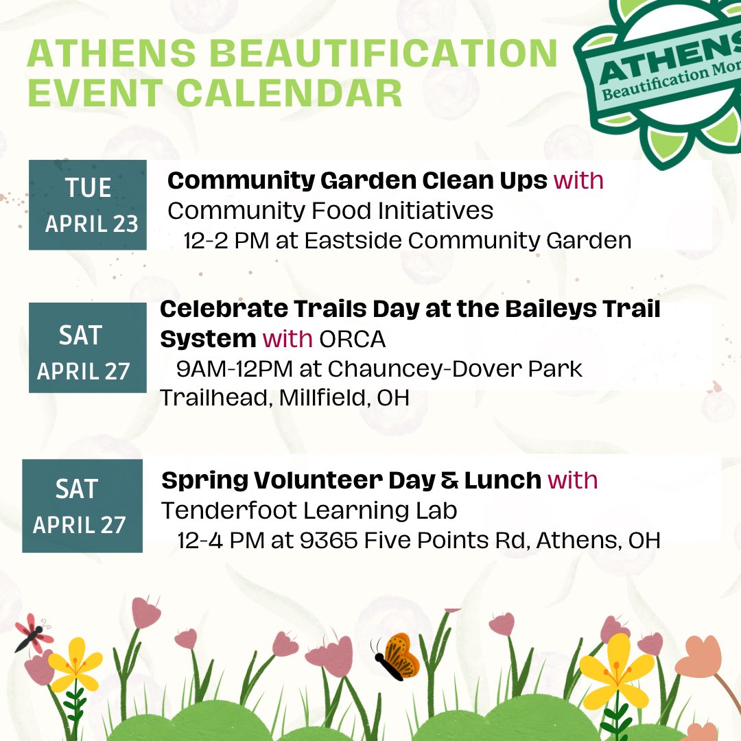 Yet to volunteer for an Athens Beautification Month event? There is still time. Here are some exciting events you can sign up for to help clean and beautify our community. 
Visit ohio.givepusle.com and search for #Athens Beautification Events.