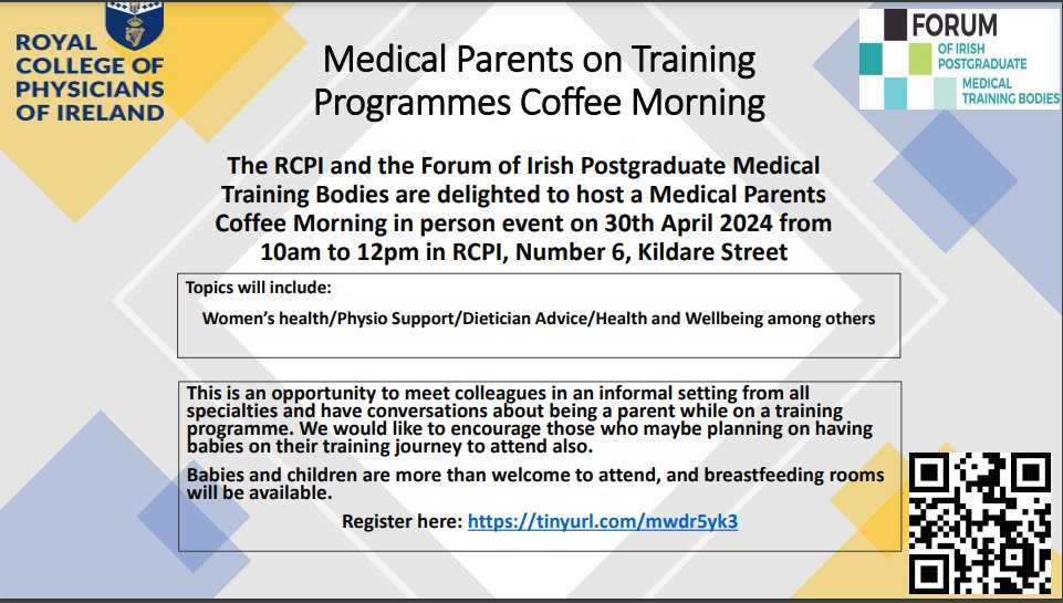 @RCPI_news are hosting a coffee morning to explore challenges facing medical trainees as parents. Registration and further details can be accessed here: lnkd.in/dNJM6MGm