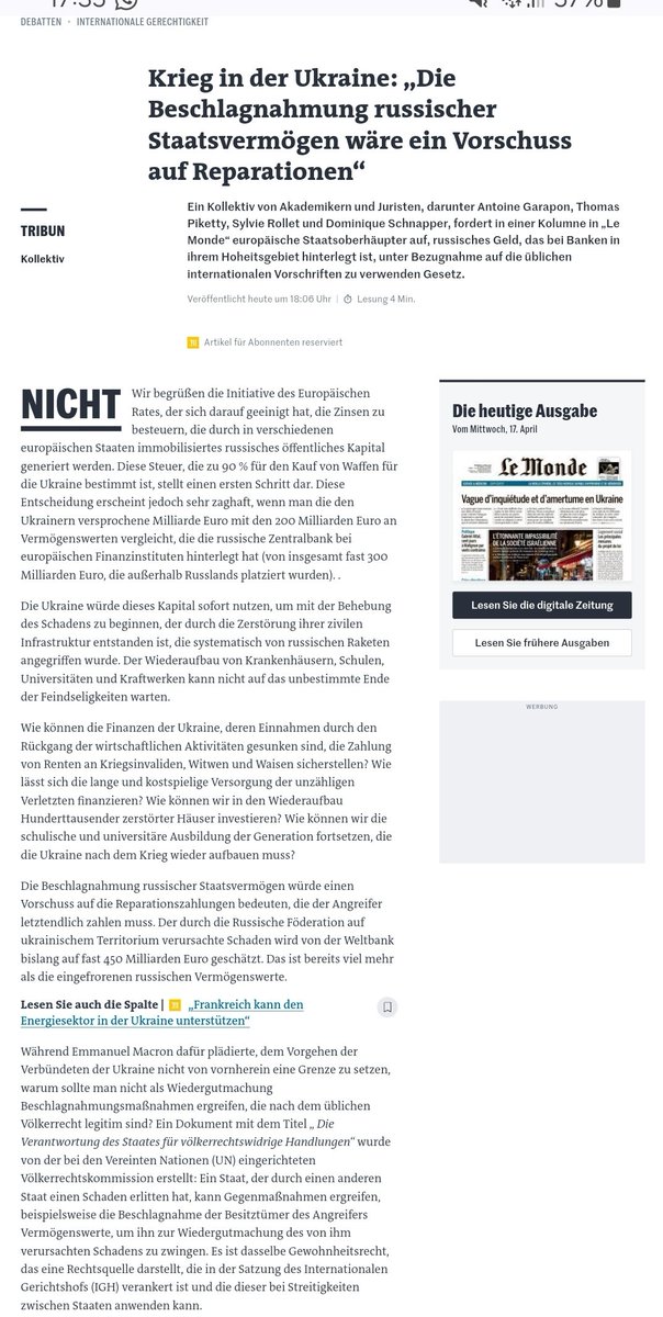boris_beissner's tweet image. Krieg in der #Ukraine: „Die Beschlagnahmung russischer Staatsvermögen wäre ein Vorschuss auf #Reparationen"
#french #russia
Interessanter Artikel! ⬇️