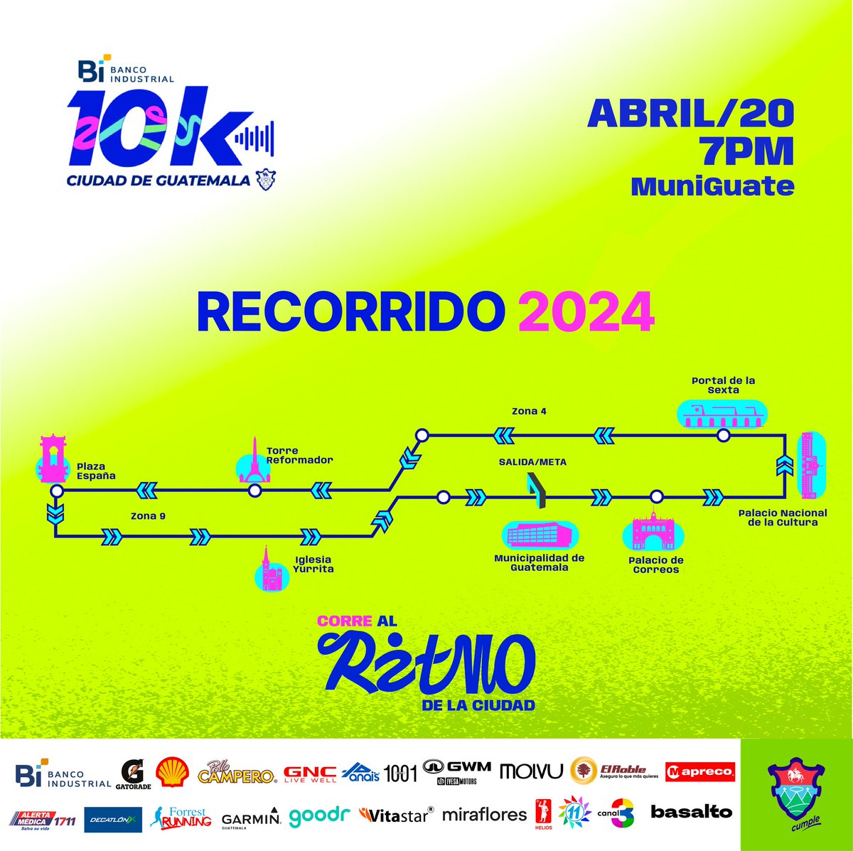 Acompáñanos en el recorrido de la #10KMuniGuate, disfruta de esta carrera y las demás actividades que hemos preparado para ti.🏃🏻‍♀️🏃🏻
Te esperamos este 20 de abril de 2024, a las 19:00 horas 🏁🏅
#Expo10K #AfterRun #UnaCiudadParaVivir