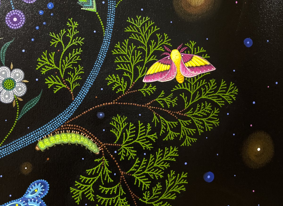 Rosy maple moth & luna moth caterpillar on cedar. Detail view from my painting 'The Night Shift'.