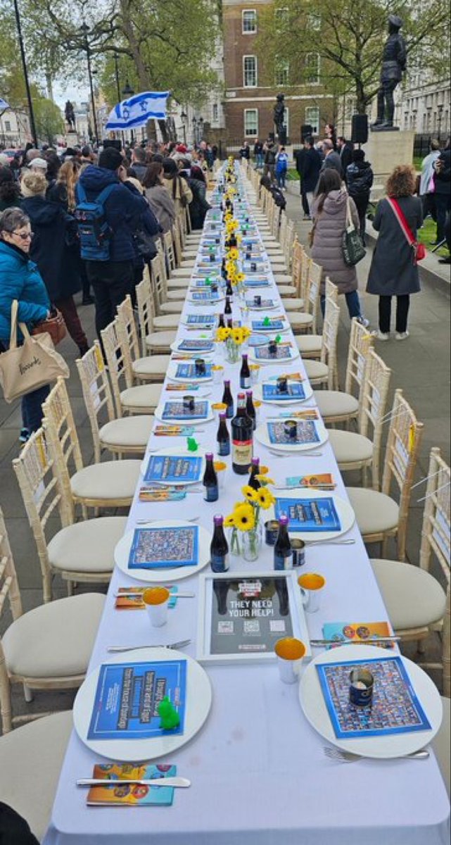 Unveiled today outside of Downing Street is a table with 133 empty chairs and posters with photos of a remaining hostages. This is a peaceful and powerful protest, a complete contrast to the weekly hate marches.