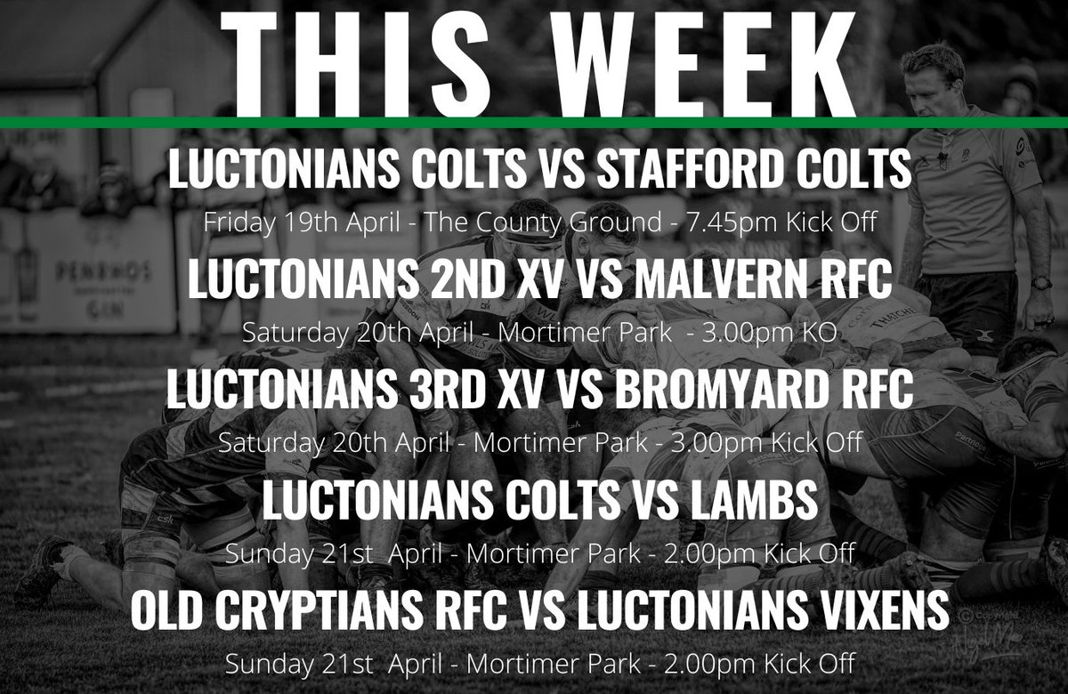 This Week: Friday - Colts vs Stafford Colts, 7.45pm KO Saturday - 2nd XV vs @MalvernRugby @ Lucs, 3.00pm KO. 3rd XV vs @BromyardRFC @ Lucs, 3.00pm KO. Sunday - Colts vs @lambsrugby @ Lucs, 2.00pm KO, Vixens vs @OldCryptiansRFC Women @ Old Crypt, 2.00pm KO.