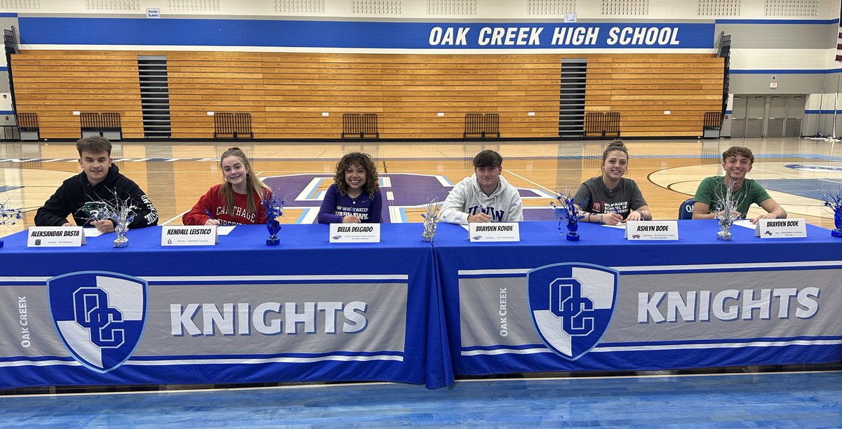 Congratulations to our NLI signees today! From left: Alex Basta-Parkside (Soccer); Kendall Leistico-Carthage (Diving); Bella Delgado-Whitewater (XC & Track); Brayden Rohde-Whitewater (Football) Ashlyn Bode-MSOE (Lacrosse); Brayden Bode-WI Lutheran (Golf)
