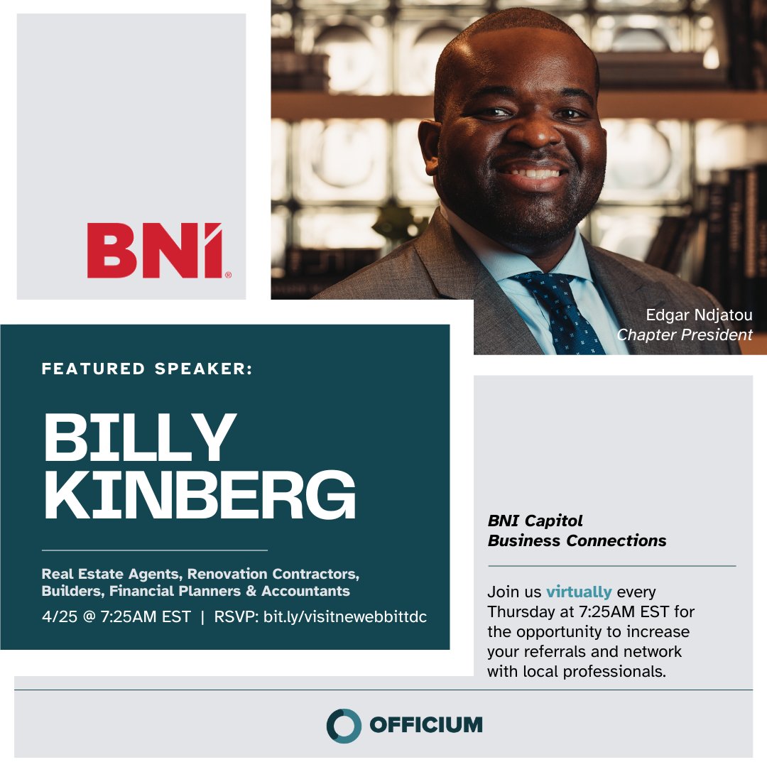 officium_llc's tweet image. Join me virtually on 4/25 for an engaging presentation by my colleague Billy Kinberg. RSVP here: zurl.co/Zgbh

#Networking #DCNetworking