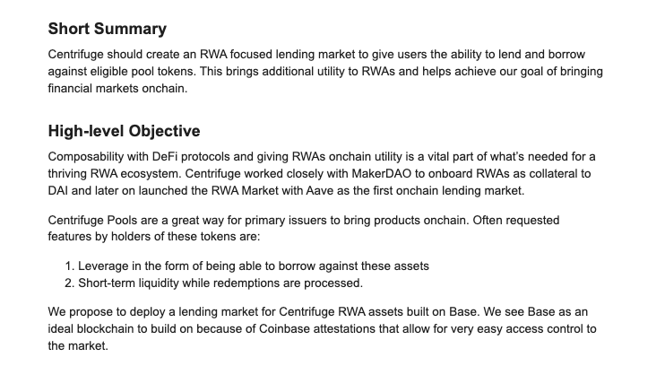 Imagine being able to lend and borrow against your RWA positions on Centrifuge. A new proposal by @lucasvo makes this possible, via a Centrifuge RWA lending market deployed on @base. In today's fundraise announcement, Coinbase's @SmartestBeta commented on this proposal, 'We