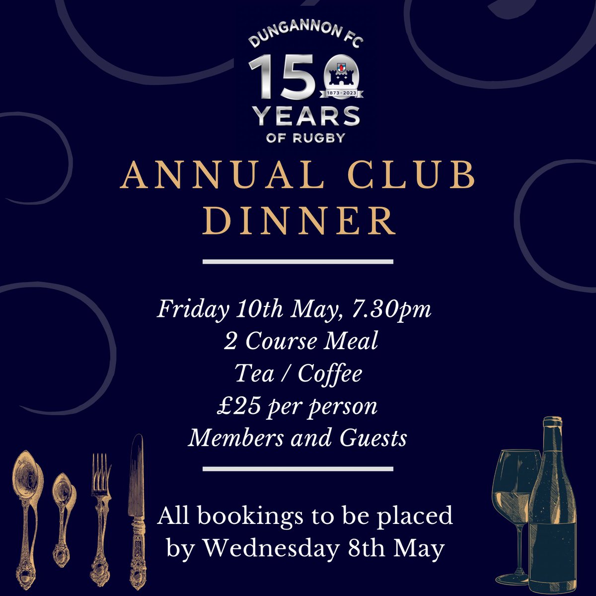 Club Dinner can now be booked for members from the club office Mon-Thurs 9-4pm or at the club AGM on Friday 3rd May starting at 8pm.