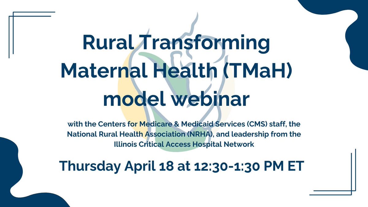 Webinar tomorrow: NRHA, CMS, and ICAHN will discuss how the new CMMI Transforming Maternal Health Model provides opportunities to improve rural maternal health access at 11:30 a.m. CDT April 18. Learn more and register: ruralhealth-us.zoom.us/meeting/regist… #ruralhealth