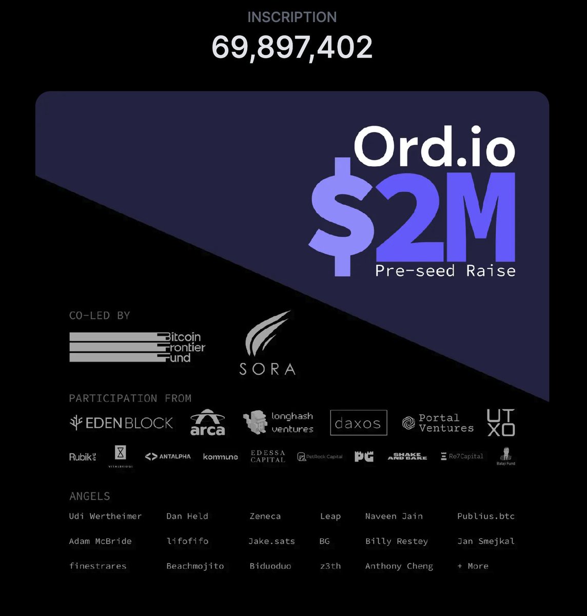 BREAKING: We just raised a $2M pre-seed round and yes of course we had to inscribe the announcement!

→ ord.io/69897402