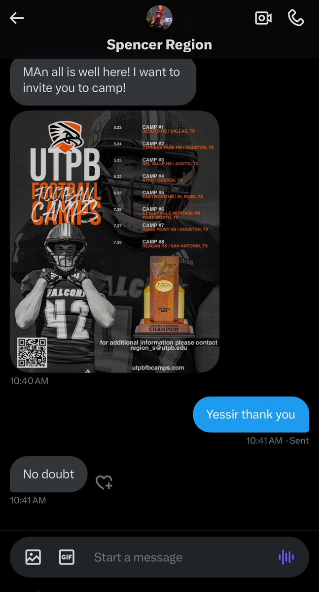 Thanks <a href="/Coach_Region/">Spencer Region</a>  for the camp invite !! <a href="/UTPBFootball/">UTPB Football</a>  <a href="/Danielbray2_/">𝓓𝓪𝓷𝓲𝓮𝓵 𝓫𝓻𝓪𝔂</a>  <a href="/bryanSpotwoodSr/">Beez Spot</a>  <a href="/TDGSKILLZ/">Coach King 📈</a>  <a href="/FlightSkillz/">Coach Flight</a>  #AGTG