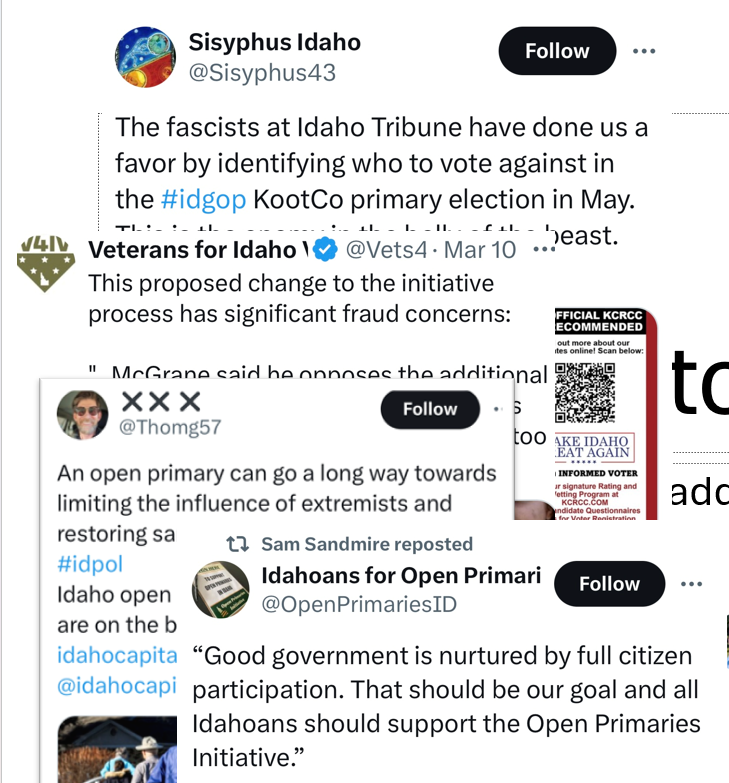 Why do North Idaho Republicans represent leftist radicals? Just look through their endorsements by some of Idaho's more prolifict leftist bloggers! Ask them why they are supported by progressive leftists! Start with our local activists: @MarySouzaIdaho @therussmann