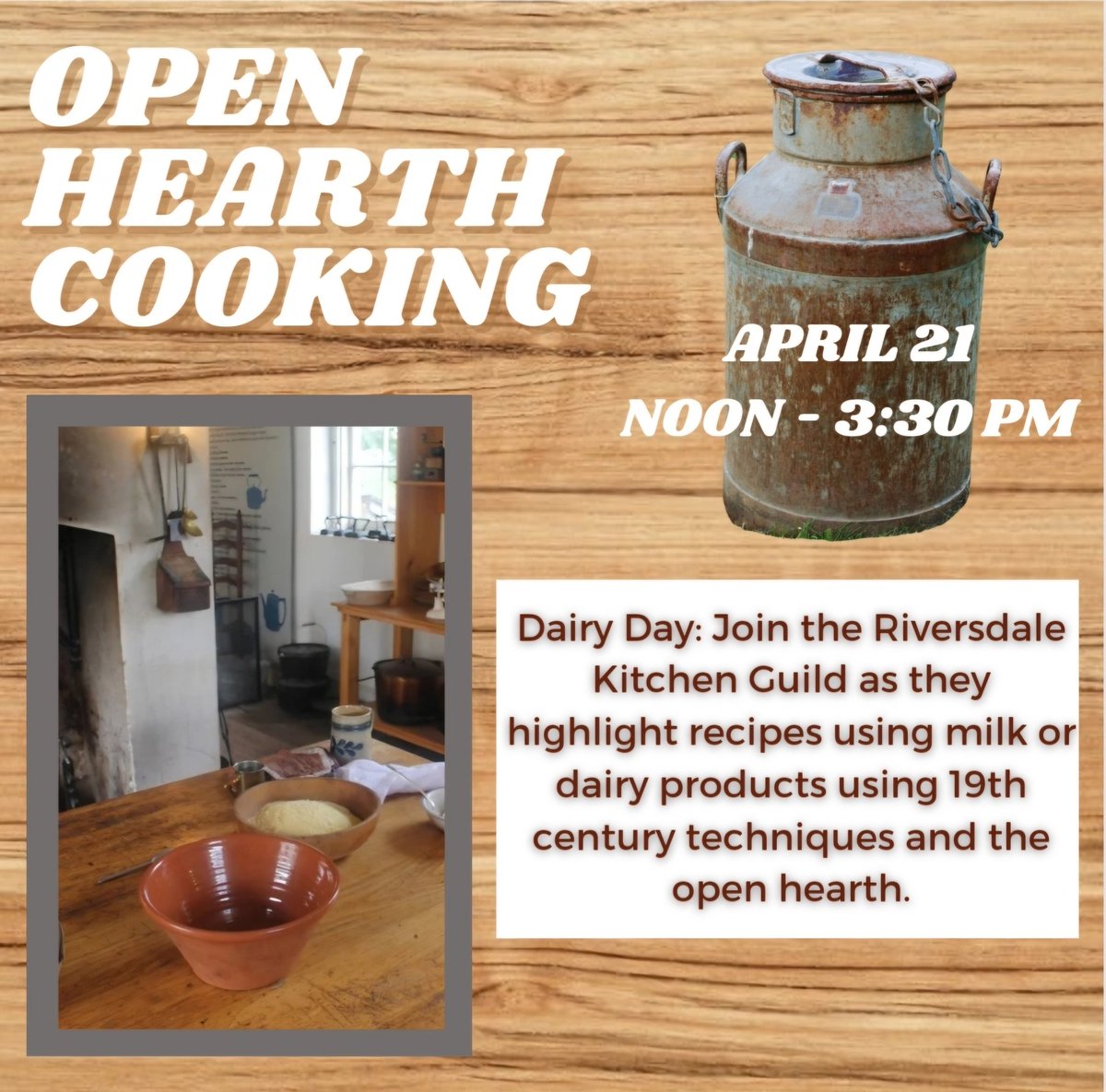 Join us this Sunday, April 21st, for an open hearth cooking demonstration! 

The demonstration is free, but you can register at the link below:
tinyurl.com/DairyKitchenGu…

#openhearthcooking #historicfoodways #historicrecipes #historichouse #housemuseum #freeevents