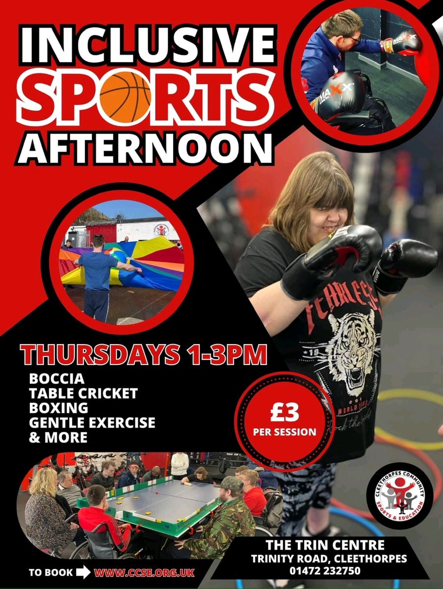 INCLUSIVE SPORTS|

Every Thursday we run an Inclusive Sports session for adults with additional needs.

A great session to socialise with others, get some regular exercise and have some fun! 

To book on please use this link - ccse.org.uk/club/1 

Please share 🙏