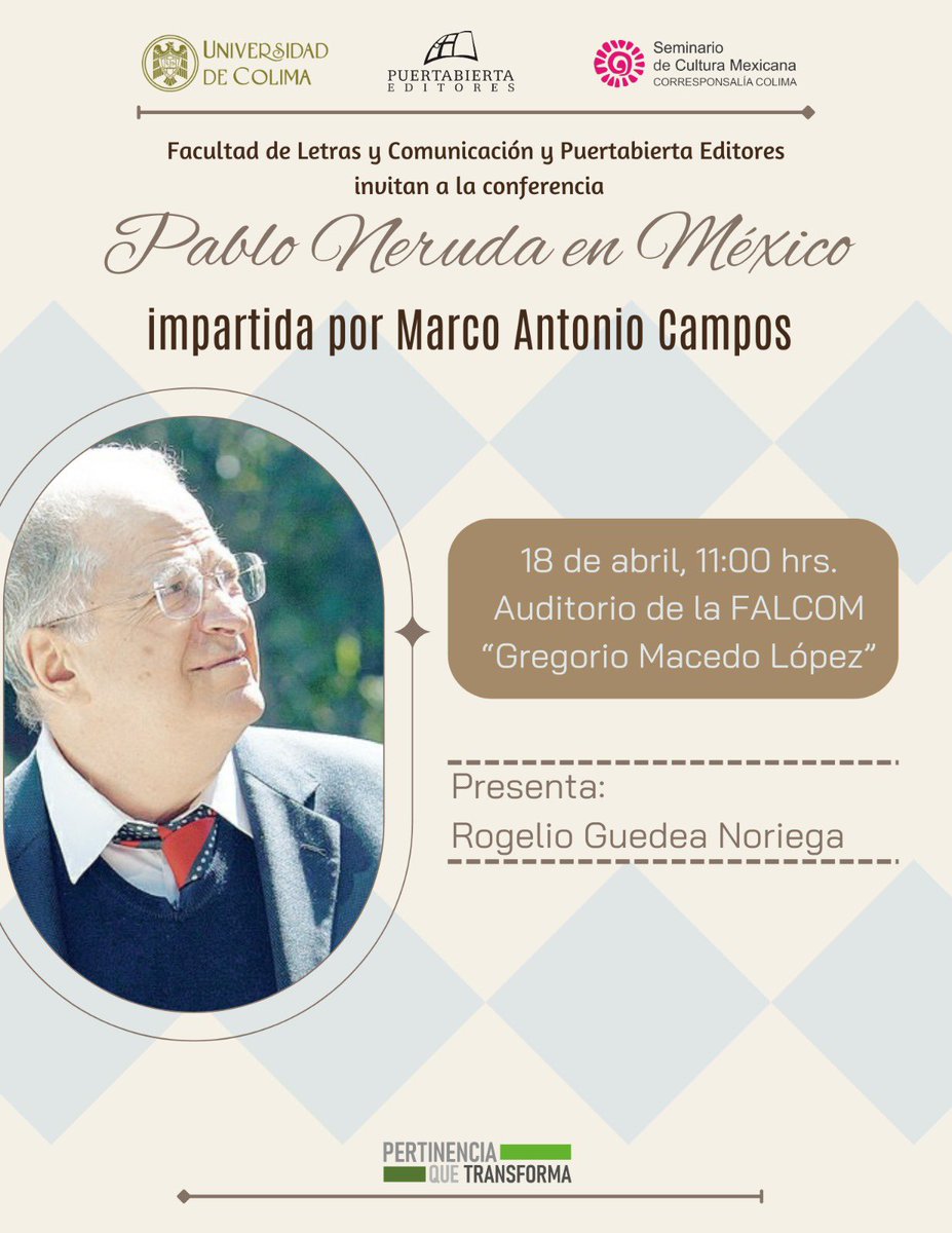 corresponsalia1's tweet photo. Mañana la conferencia “Pablo Neruda en México”, se llevará a cabo a las 11 horas en el auditorio de la Facultad de Letras de la @udec_oficial. https://t.co/ddotluITrC