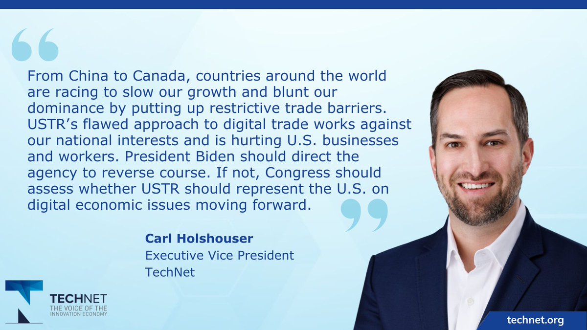 In response to <a href="/AmbassadorTai/">Ambassador Katherine Tai</a>'s testimony before <a href="/WaysMeansCmte/">Ways and Means Democrats</a> <a href="/WaysandMeansGOP/">Ways and Means Committee</a> and <a href="/SenateFinance/">Senate Finance Cmte</a>, TechNet's EVP expressed concern over the USTR’s retreat on #digitaltrade and urged <a href="/POTUS/">President Donald J. Trump</a> to restore U.S. global trade leadership.