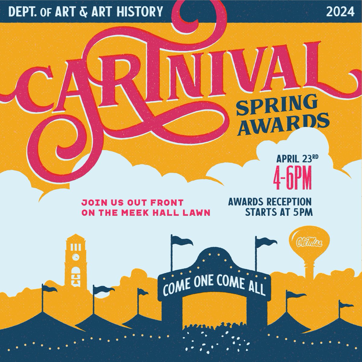 Join us Tuesday, April 23rd from 4 – 6 pm for cARTnival, the Department of Art &amp; Art History Spring Awards!! The awards reception will begin at 5pm.

#OleMiss #UniversityofMississippi #Art #ArtHistory #AwardsCeremony #Mississippi #OxfordMS #HottyToddy