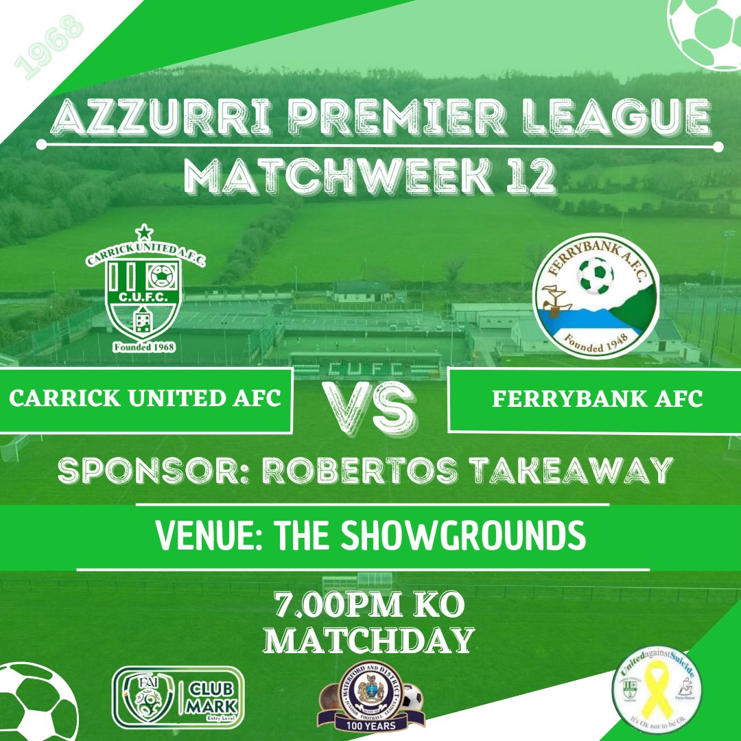 ⚽️Azzurri Premier League⚽️
A massive game tonight as our Premier side travel to The Showgrounds to face Ferrybank. Make sure to get down to support the lads. Best of luck men🟢⚪️

🆚Ferrybank 
🕛7.00pm KO
🏟️The Showgrounds
🗓️MATCHDAY
🏆Azzurri Premier League