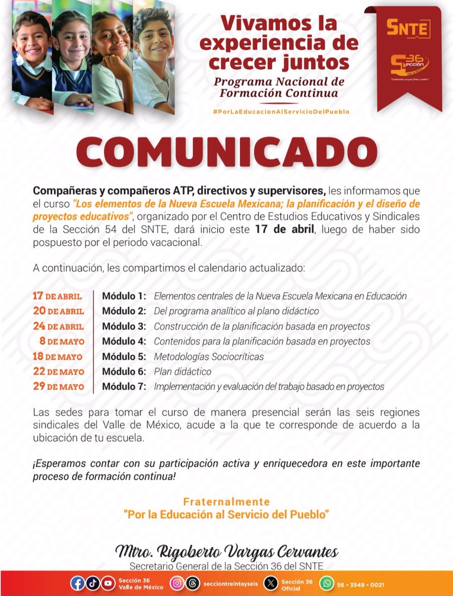 🙋🏻‍♀️ Si te inscribiste al curso 📚 'Los elementos de la Nueva Escuela Mexicana; la planificación y el diseño de proyectos educativos' te recordamos que dará inicio este miércoles 17 de abril, acude a la regional correspondiente de acuerdo a la ubicación de tu escuela a las 5:45 PM