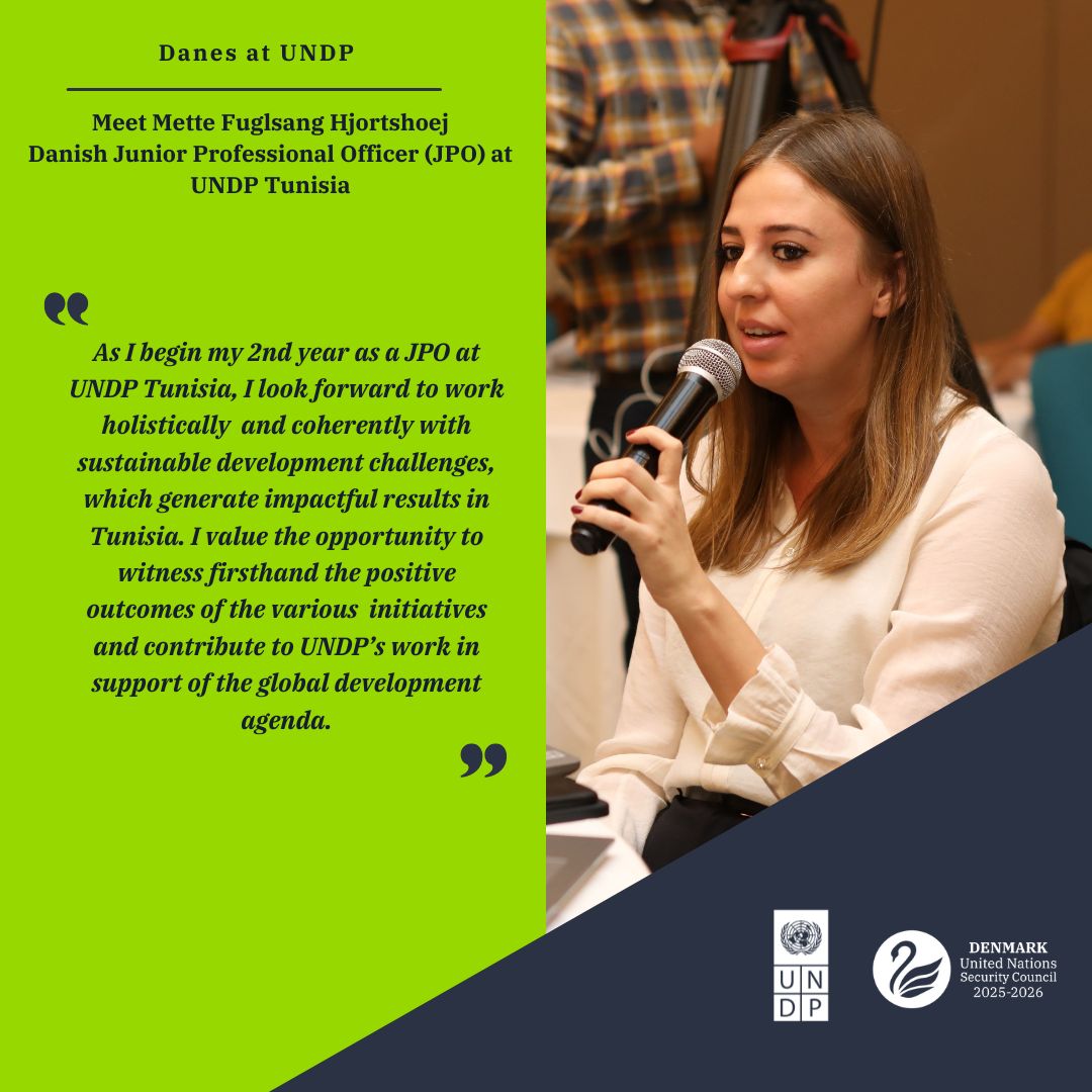 Meet Mette, a Danish Junior Professional Officer, working for the @UNDP country office in 🇹🇳 She supports the ongoing & future initiatives focused on energy, climate mitigation & adaption💡 🇩🇰is proud to highlight #DanesatUNDP & their important contributions to 🌍development