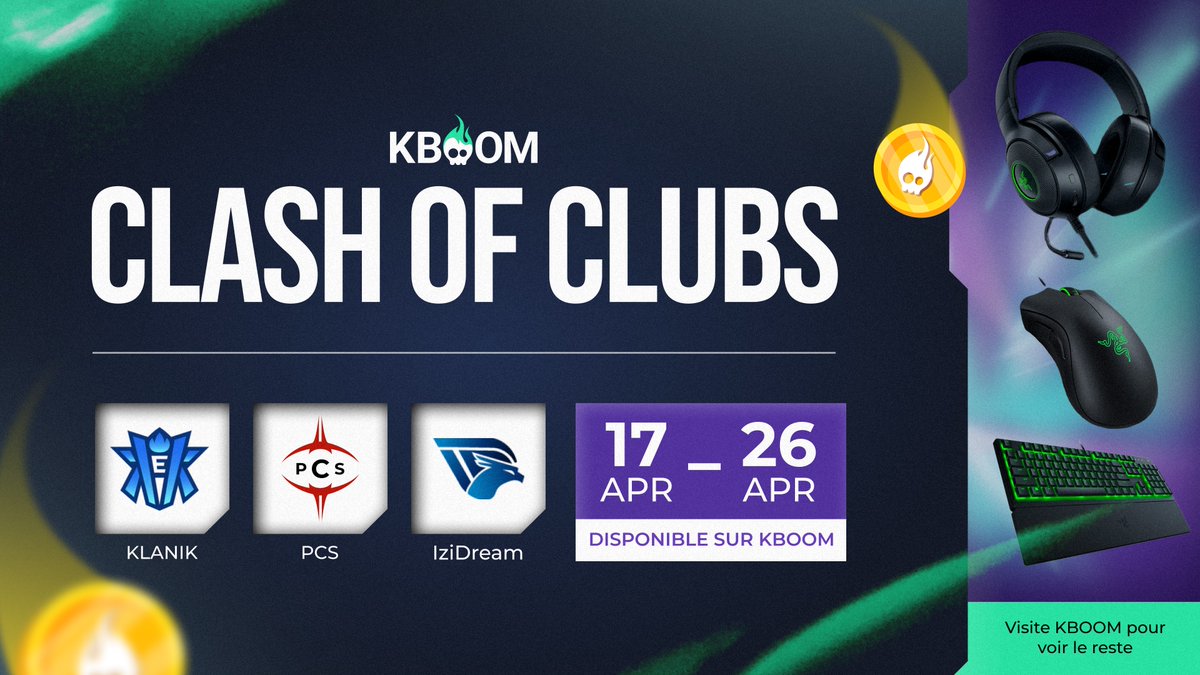 IZIDREAM 🤝 KBOOM

On est ravi de rejoindre l'aventure @KBOOMGG et de participer à son premier évènement inter-club : Le Clash of Clubs 🔥

10 jours de combats acharnés où tu pourras défendre haut les couleurs de ta team et remporter des prix !

Lien d’affiliation :