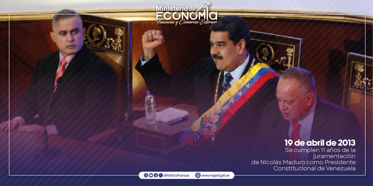 minecofinanzas's tweet photo. #Efemérides || Tal día como hoy hace 11 años, @NicolasMaduro es juramentado como Presidente de la República Bolivariana de Venezuela, electo para el periodo 2013 -2019. Una gestión de muchos retos para la Patria que dio continuidad al legado del Comandante Hugo Chávez.

#19Abr https://t.co/1X7CNsi2Rc
