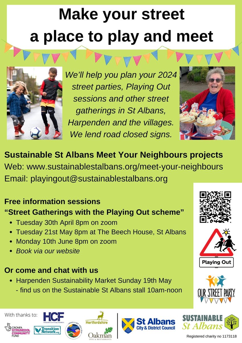 Book now for more opportunities to find out how to apply to close your own road for play and neighbourly gatherings in @StAlbans district. On zoom and in person; April, May, June dates. #playingout @StAlbansCouncil playingoutsta.eventbrite.com
