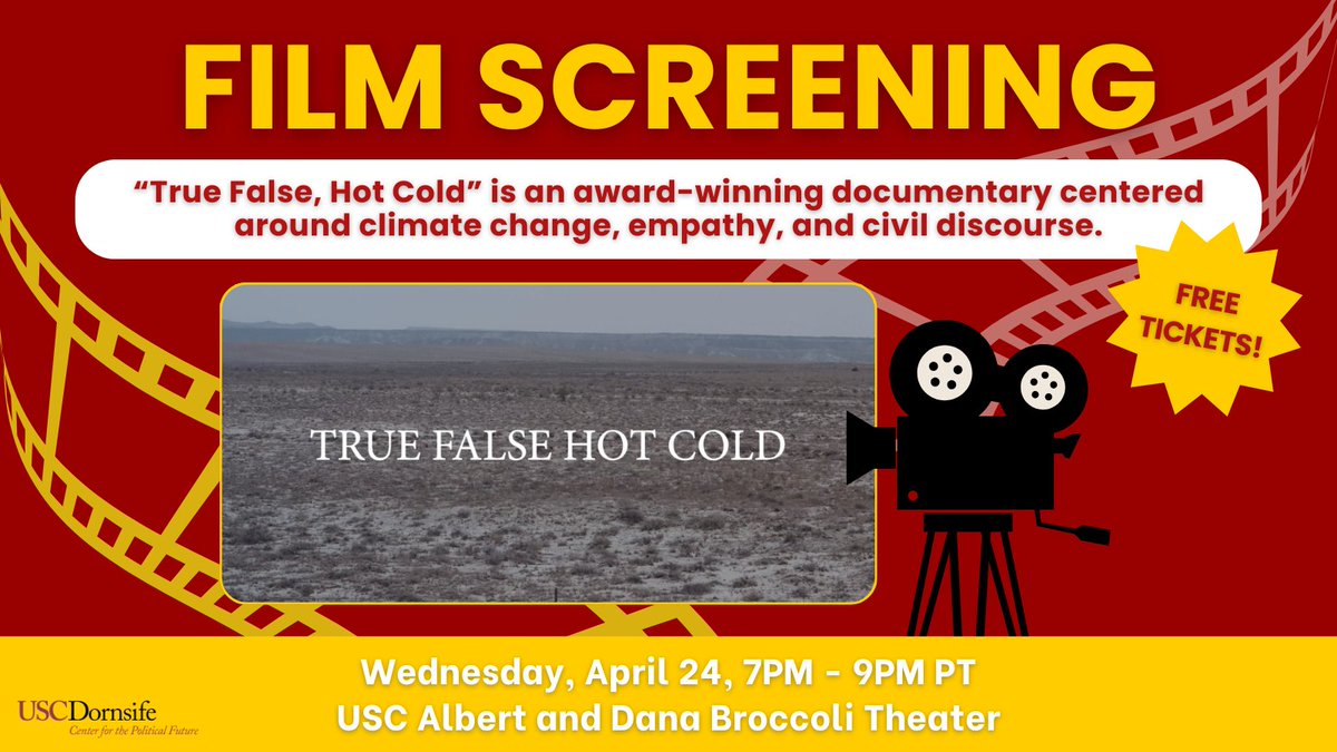 Join us for a FREE screening of 'True False, Hot Cold,' an award-winning climate change documentary that offers ideas about building bridges with people who have very different identities and beliefs. @USCPolFuture 🎟️ eventbrite.com/e/true-false-h…
